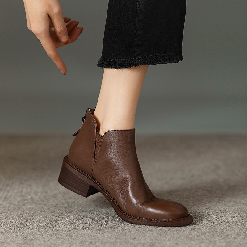 棕色复古切尔西靴秋冬季真皮粗跟短靴女单靴百搭中跟后拉链及裸靴,淘宝优惠券,粉丝福利购,淘宝优惠卷
