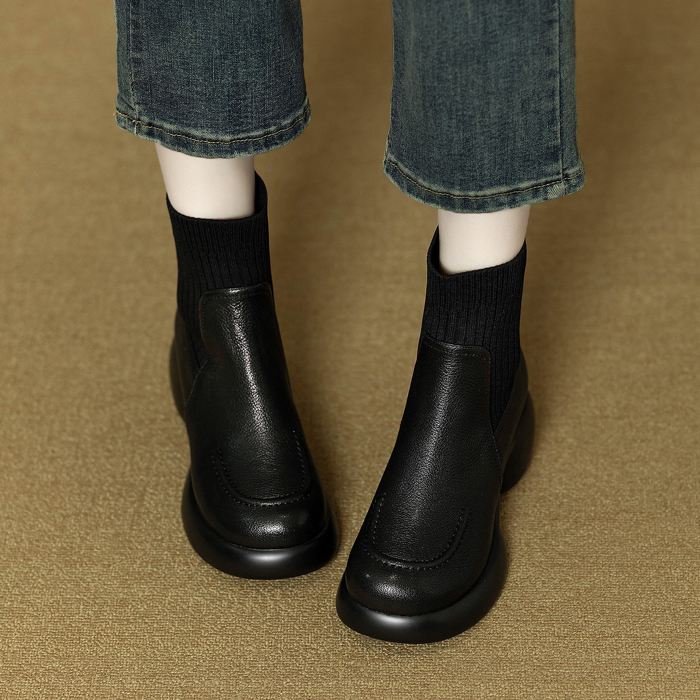 美拉德风真皮粗跟短靴女小个子厚底增高瘦瘦靴棕色法式复古马丁靴,淘宝优惠券,粉丝福利购,淘宝优惠卷