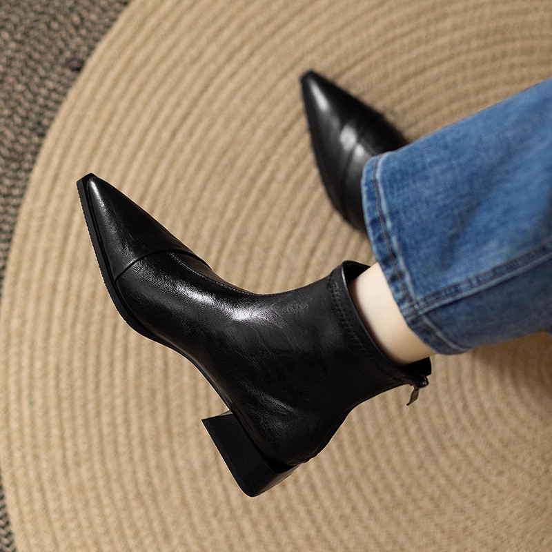 2025秋冬新款法式复古羊皮短靴英伦尖头粗跟马丁靴弹力气质瘦瘦靴,淘宝优惠券,粉丝福利购,淘宝优惠卷