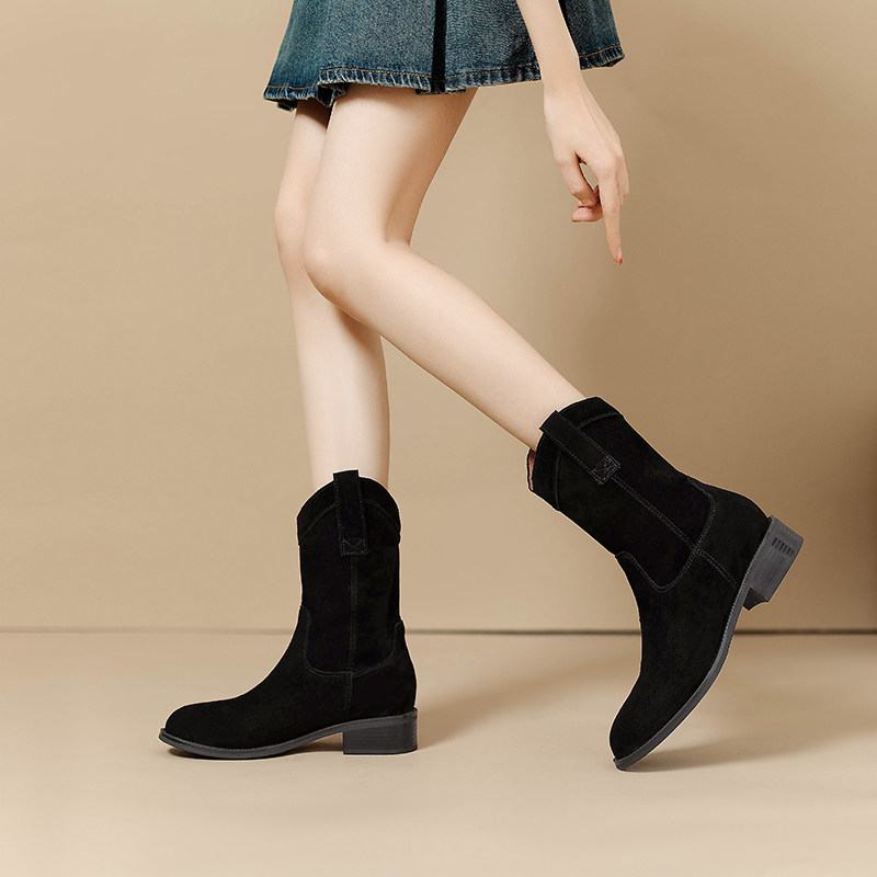 磨砂真皮西部牛仔靴女复古短靴英伦风春秋中筒马丁靴尖头骑士靴,淘宝优惠券,粉丝福利购,淘宝优惠卷