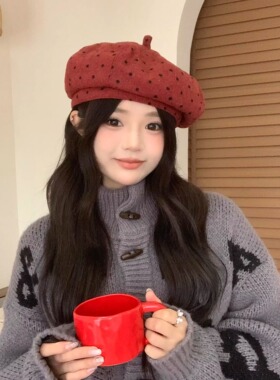 秋冬复古波点显脸小女贝雷帽