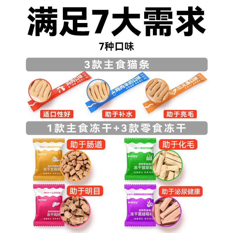 Wanpy顽皮满分桶全价主食猫条冻干猫咪零食成幼猫增肥鸡肉猫草棒