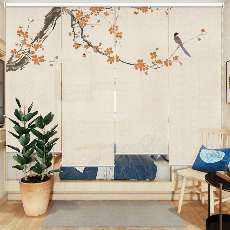 新中式天然亚麻遮光办公室窗帘挂隔断半透光客厅日式茶室定制电动-图2
