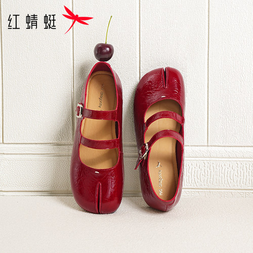 红蜻蜓黑色分趾鞋2026秋季女鞋真皮软底单鞋玛丽珍皮鞋猪蹄平底鞋 - 图1
