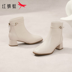 红蜻蜓真皮短靴女2026秋冬新款女鞋羊皮粗跟皮鞋白色高跟妈妈靴子