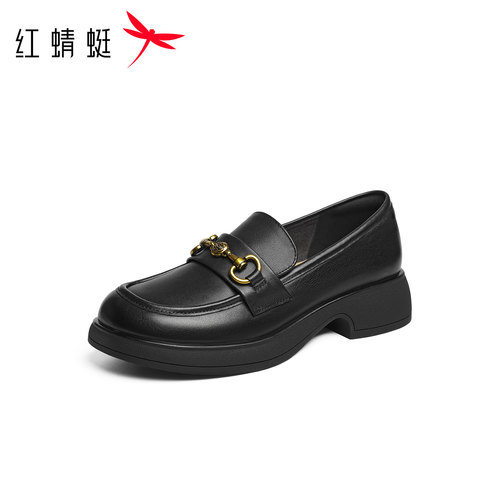 红蜻蜓乐福鞋女新款女鞋一脚蹬黑色软底皮鞋真皮厚底中年妈妈单鞋 - 图0