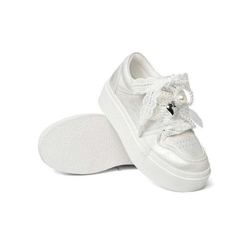 红蜻蜓休闲板鞋2025秋季新款女鞋厚底增高串珠蕾丝小白鞋运动鞋女 - 图1