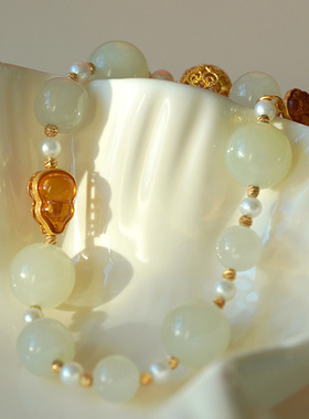 缘物和田玉10mm冰色青玉设计款珍珠金珀手串女款手链