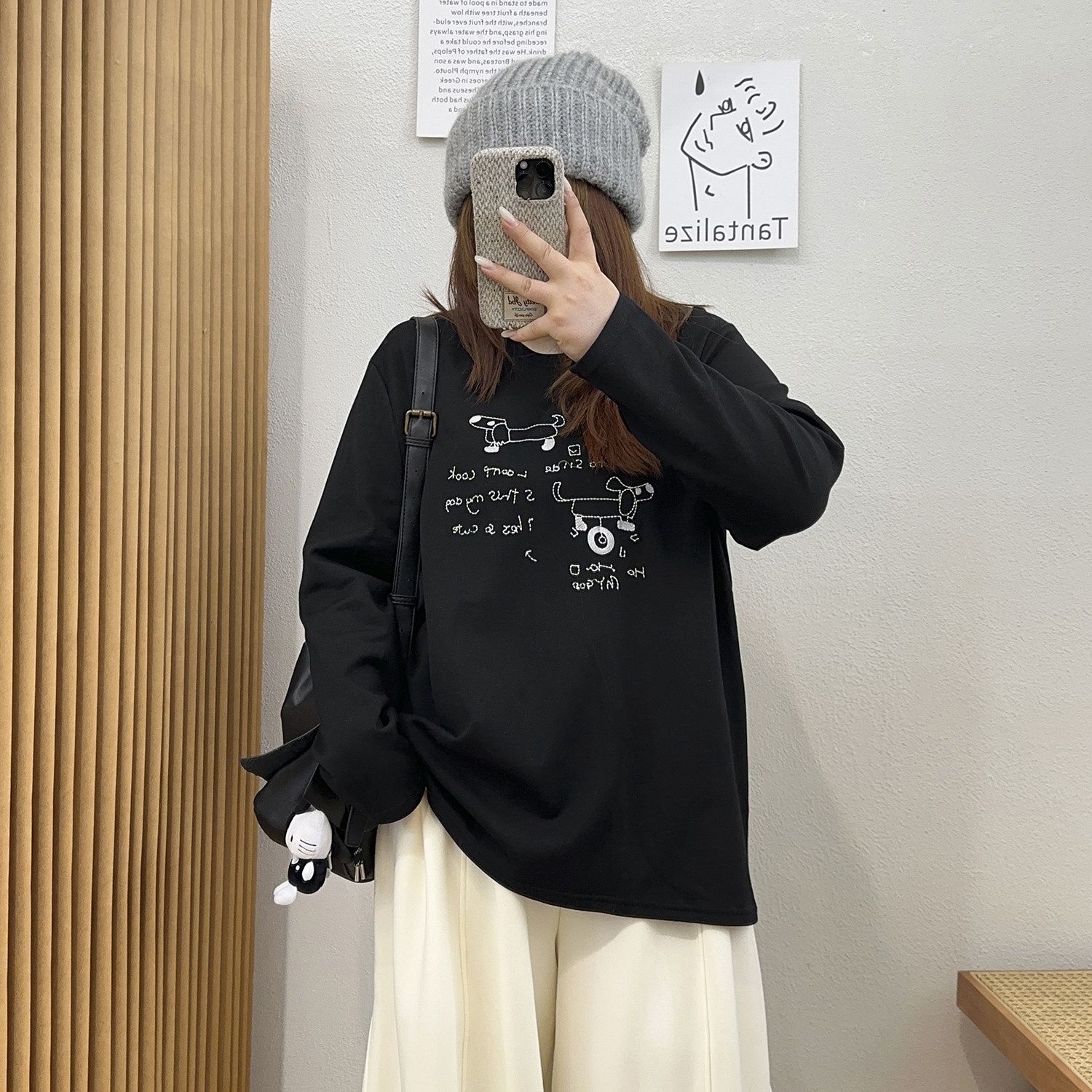 宛宛大码胖MM卡通刺绣小狗显瘦磨毛长袖T恤女秋冬新款打底衫上衣,淘宝优惠券,粉丝福利购,淘宝优惠卷