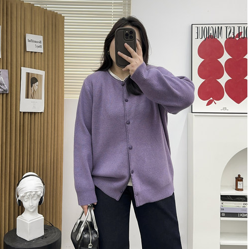 大码女装胖mm法式圆领明线针织开衫毛衣2024秋冬宽松显瘦百搭上衣 - 图0