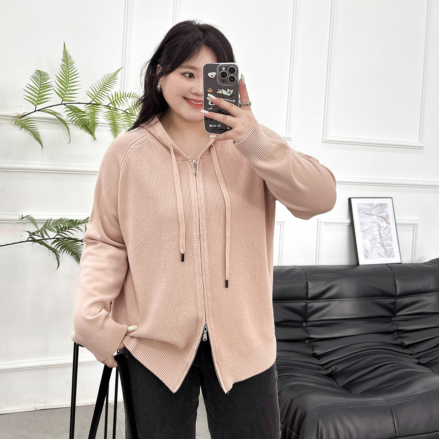 大码连帽拉链针织开衫女秋冬季胖mm设计感显瘦毛衣外套小个子上衣,淘宝优惠券,粉丝福利购,淘宝优惠卷