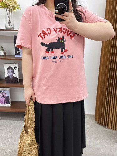 宛宛大码200斤胖MM卡通猫咪短袖t恤女夏新款显瘦宽松上衣 - 图0