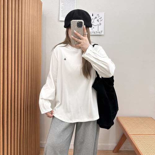 宛宛大码内搭打底衫女早秋2025新款胖mm遮肚显瘦宽松长袖t恤上衣 - 图2