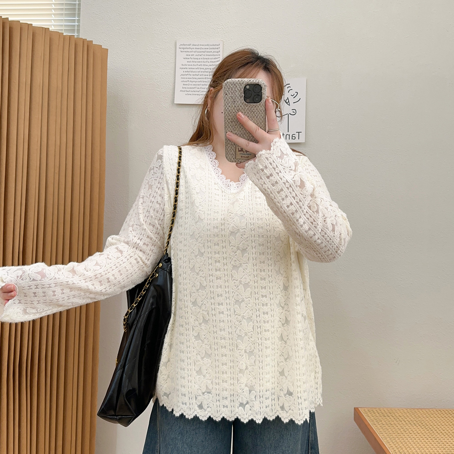 宛宛大码女装遮肚子钩花V领蕾丝衫女胖妹妹宽松显瘦中长款打底衫,淘宝优惠券,粉丝福利购,淘宝优惠卷