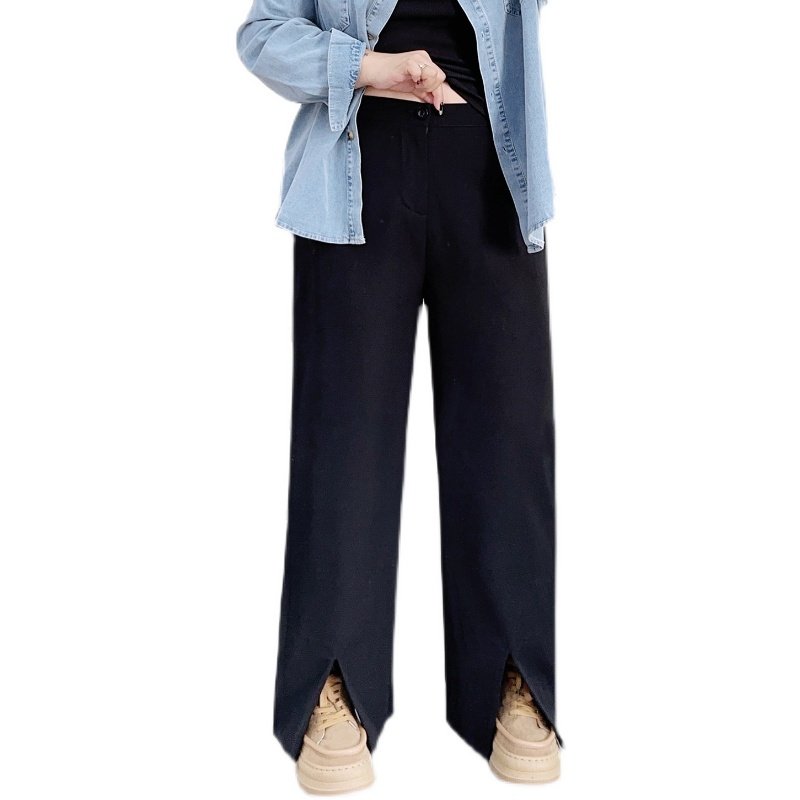 大码黑色开叉休闲西装裤女秋季高腰宽松胖mm梨形身材阔腿直筒裤子,淘宝优惠券,粉丝福利购,淘宝优惠卷