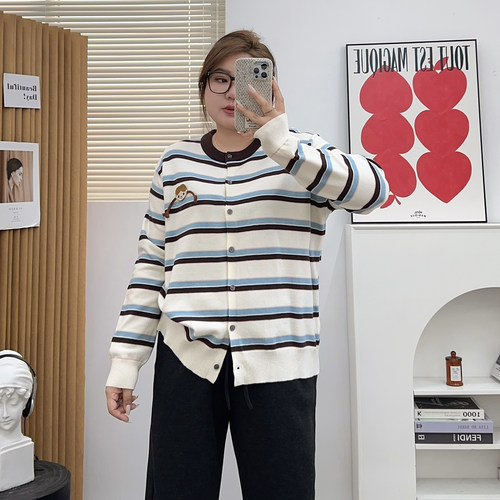 大码条纹慵懒毛衣针织衫女秋冬新款胖mm宽松遮肚显瘦内搭外穿开衫 - 图2