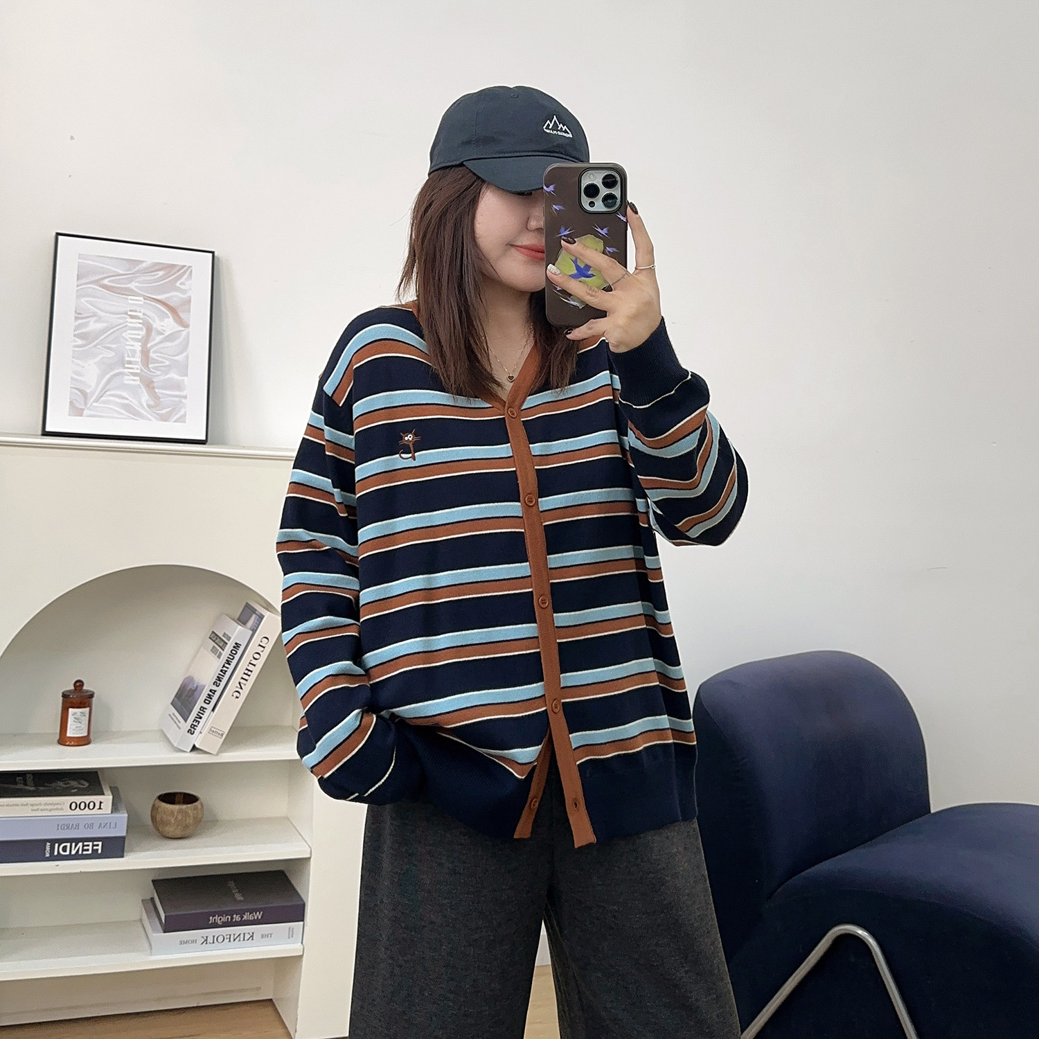 宛宛大码圆领条纹针织开衫女2025新款胖mm慵懒松弛感穿搭打底上衣,淘宝优惠券,粉丝福利购,淘宝优惠卷