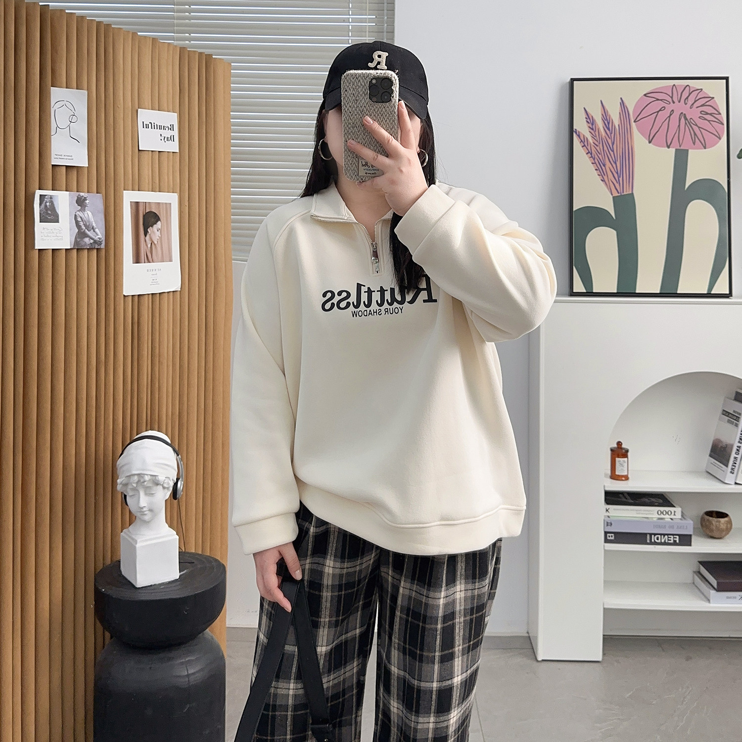 胖mm大码polo领美式字母印花卫衣加绒女秋冬慵懒风显瘦半拉链外套,淘宝优惠券,粉丝福利购,淘宝优惠卷