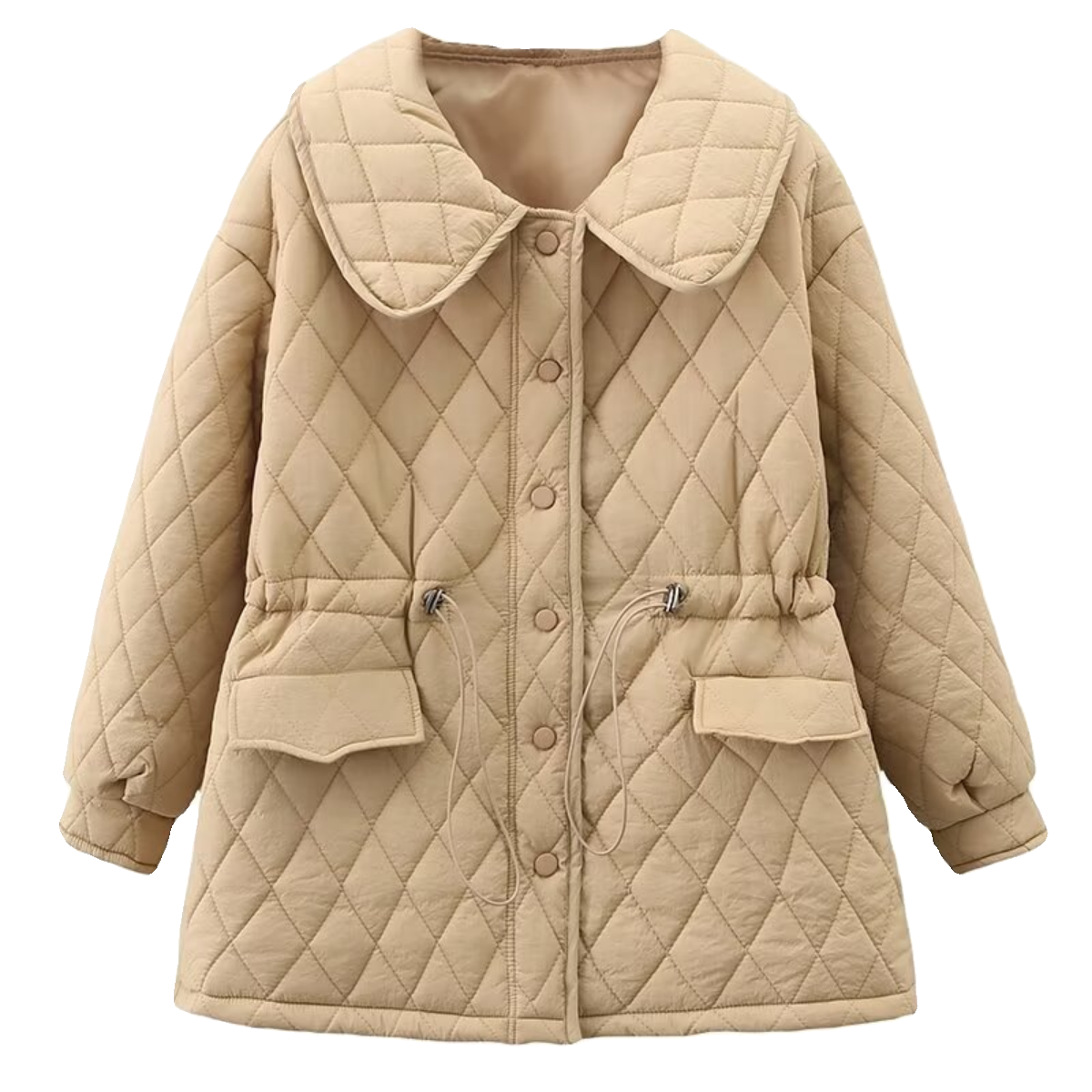 2023年冬季新款保暖外套胖MM中长款菱格立领收腰抽绳大码女装棉服,淘宝优惠券,粉丝福利购,淘宝优惠卷