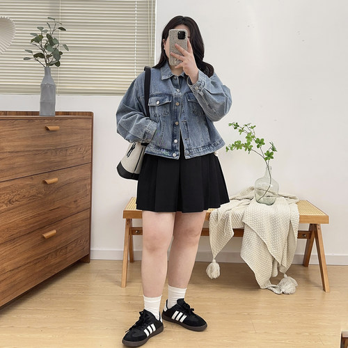 大码复古美式牛仔外套女新款胖mm港味chic休闲百搭短款夹克上衣 - 图2