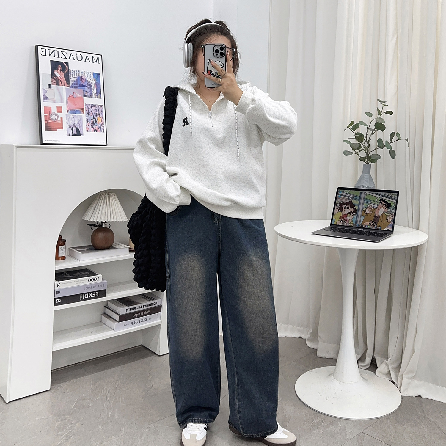 秋季大码美式复古蓝阔腿牛仔裤女胖mm高腰显瘦梨形身材宽松直筒裤,淘宝优惠券,粉丝福利购,淘宝优惠卷