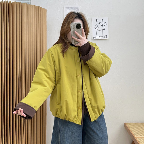 宛宛大码冬季新款胖妹妹撞色棉服女韩系简约通勤百搭保暖棉衣外套 - 图1