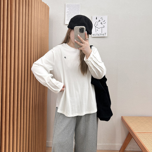 宛宛大码内搭打底衫女早秋2025新款胖mm遮肚显瘦宽松长袖t恤上衣 - 图0