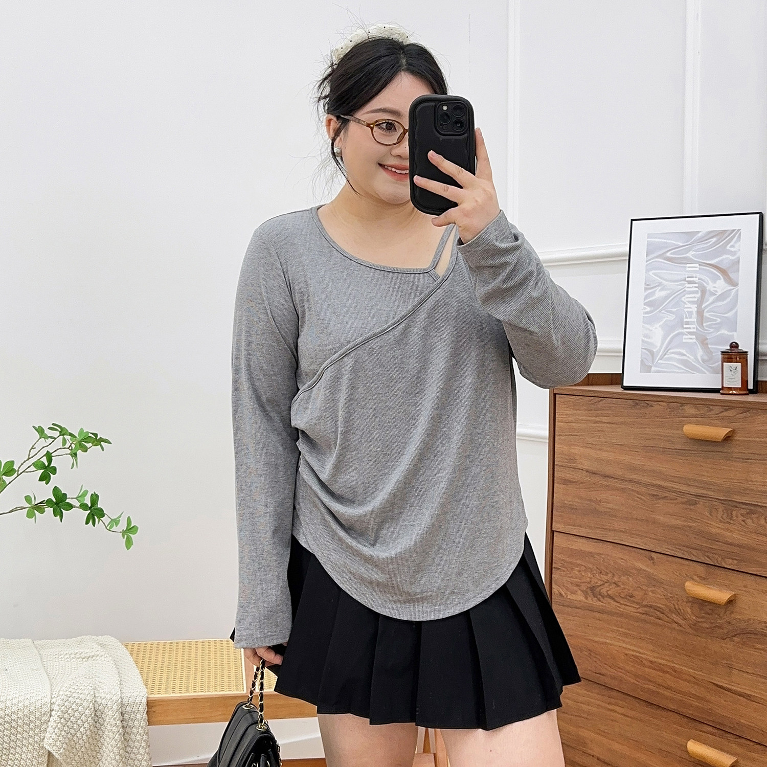 胖mm大码女装镂空T恤长袖简约百搭法式淑女卫衣遮肚子显瘦上衣女,淘宝优惠券,粉丝福利购,淘宝优惠卷