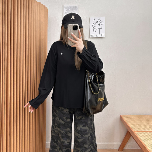 宛宛大码内搭打底衫女早秋2025新款胖mm遮肚显瘦宽松长袖t恤上衣 - 图1