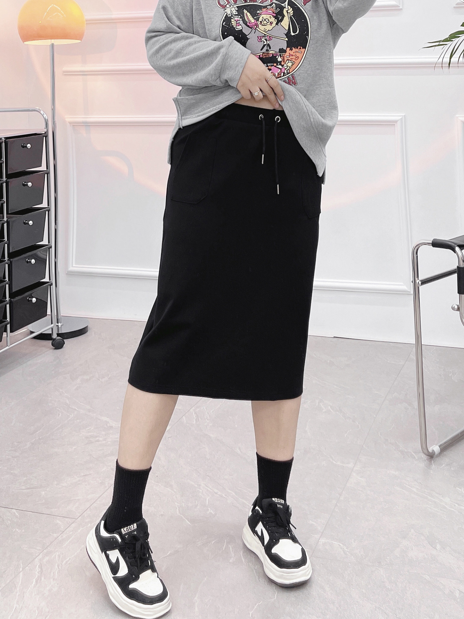 大码休闲半身裙女秋季新款胖MM宽松遮胯显瘦抽绳松紧腰中长款卫裙,淘宝优惠券,粉丝福利购,淘宝优惠卷