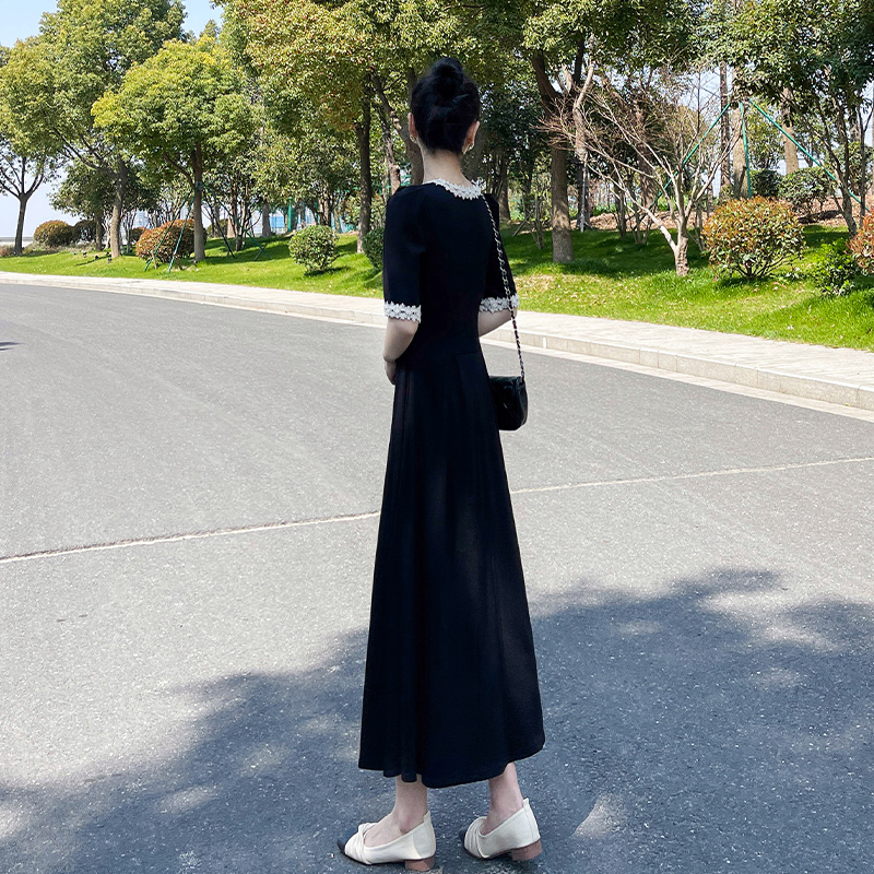 夏季蕾丝边短袖长款连衣裙女2024年新款高级感显瘦长裙黑色裙子-图1