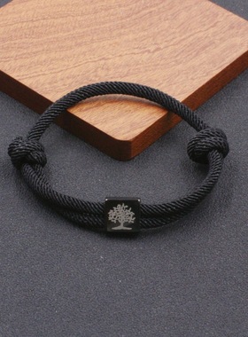 跨境热卖生命之树黑色不锈钢方形扣米兰双层编织手绳可调节情侣款