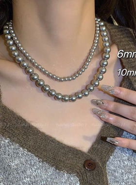 时尚简约灰色珍珠项链~复古轻奢毛衣链2023年秋冬颈链配几何型