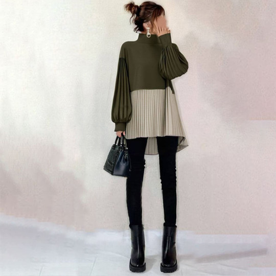 春秋日系2024新款设计感灯笼袖撞色拼接长袖中长款上衣