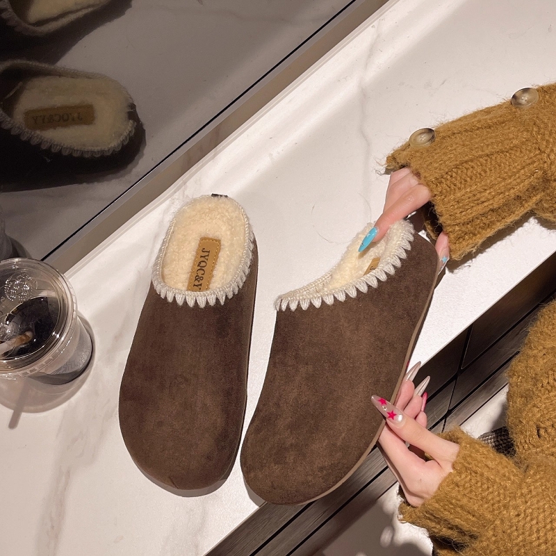 日本GP厚底加绒内增高勃肯鞋女外穿2025秋冬新款花边包头毛毛棉拖 - 图3