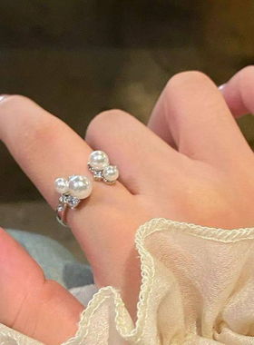 珍珠锆石开口戒指气质轻奢小众设计感时尚百搭ins风食指叠戴指环