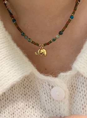 小象吊坠非洲松石拼天然石串珠项链民族异域风复古气质轻奢锁骨链