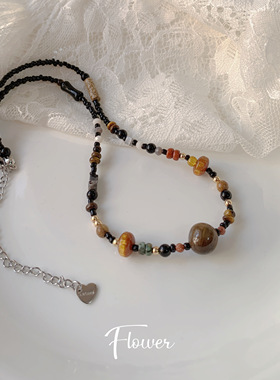 虎眼石彩色天然石串珠项链气质轻奢复古小众设计高级感秋冬百搭