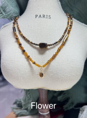 美拉德风琥珀色虎眼石切面珠串珠项链设计师款小众高级感叠戴项链