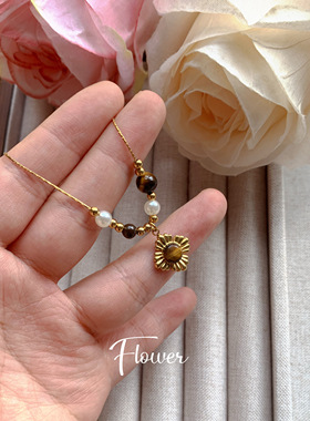 虎眼石花朵钛钢项链气质复古小众高级设计感美拉德串珠项链NY01