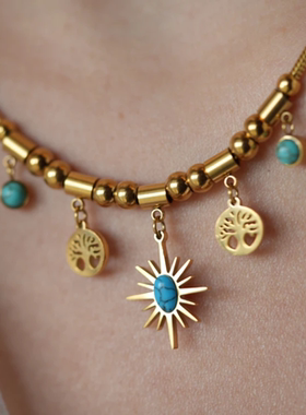 生命树八芒星埃及风绿松石钛钢坠链气质轻奢波西米亚ins风TX03