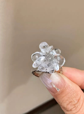 小众设计绿松石透明水晶花朵戒指女开口可调节百搭复古风潮流指环