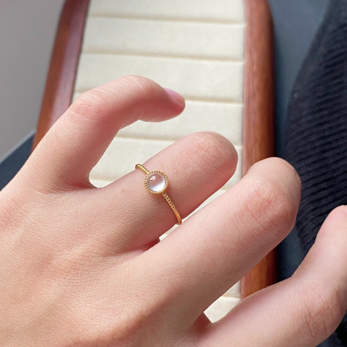 Doesn’t fade! Colorful moonstone white moonlight twist ring is simple and elegant. You don’t need to take off the titanium steel ring when you wash your hands.