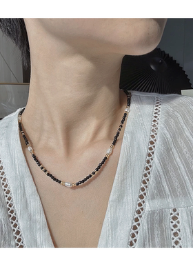 黑胆石拼巴洛克淡水珍珠手工串珠项链度假风小众轻奢锁骨链HP01
