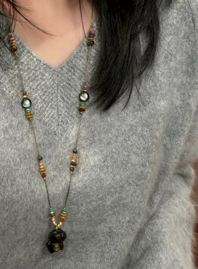 马上有钱木制小马吊坠天然石串珠项链气质复古小众设计招财毛衣链