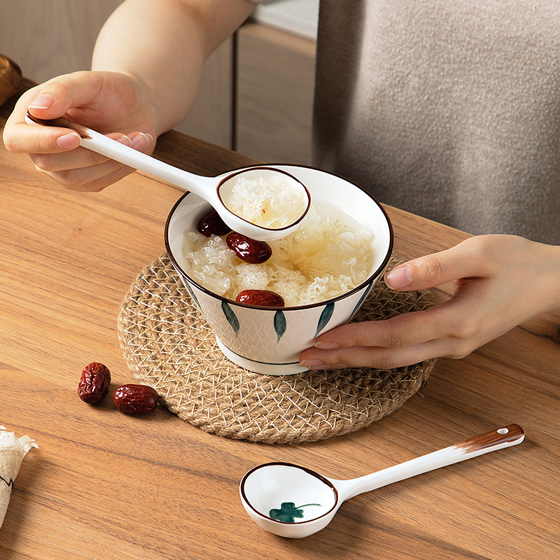陶瓷勺子家用小汤勺长柄日式高颜值喝汤专用圆头盛汤舀粥调羹勺子 - 图2