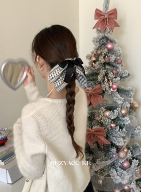 suzyacckr蝴蝶结格纹方巾大肠圈女日系小众高级感百搭扎头发发圈