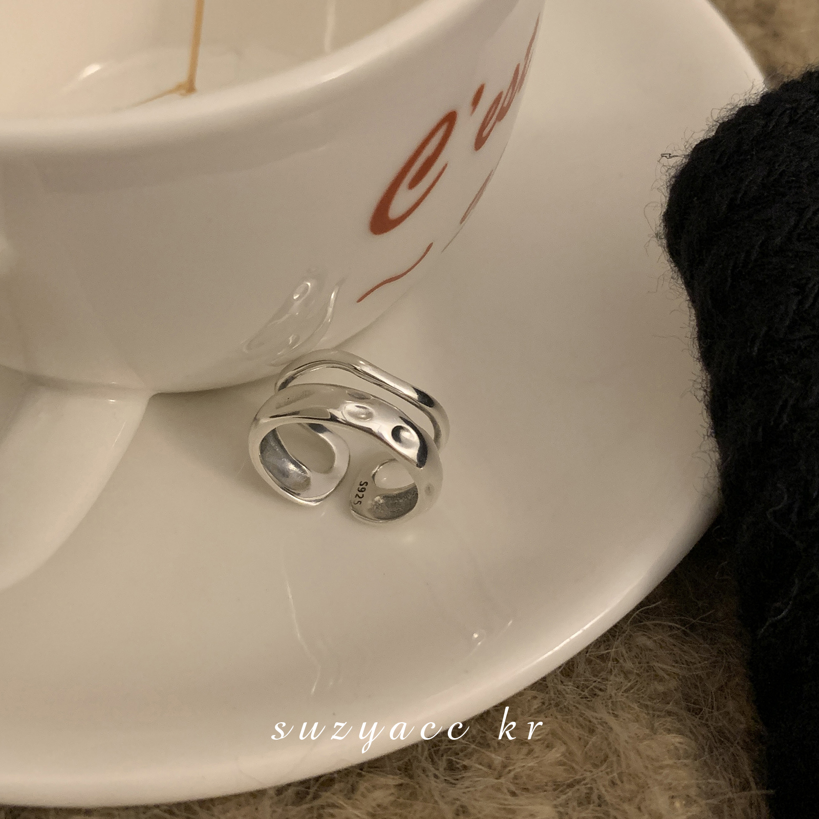 suzyacc kr简约小众设计感纯银捶打纹双层戒指女个性时尚食指戒-图2