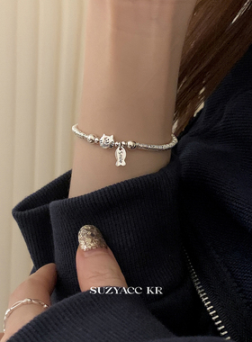 suzyacc kr简约串珠纯银小盘缠小猫吃鱼手链轻奢小众百搭精致手饰