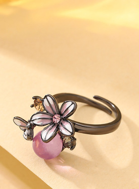 小众个性设计感枪黑色滴釉花朵可调节开口戒指男女轻奢感手饰